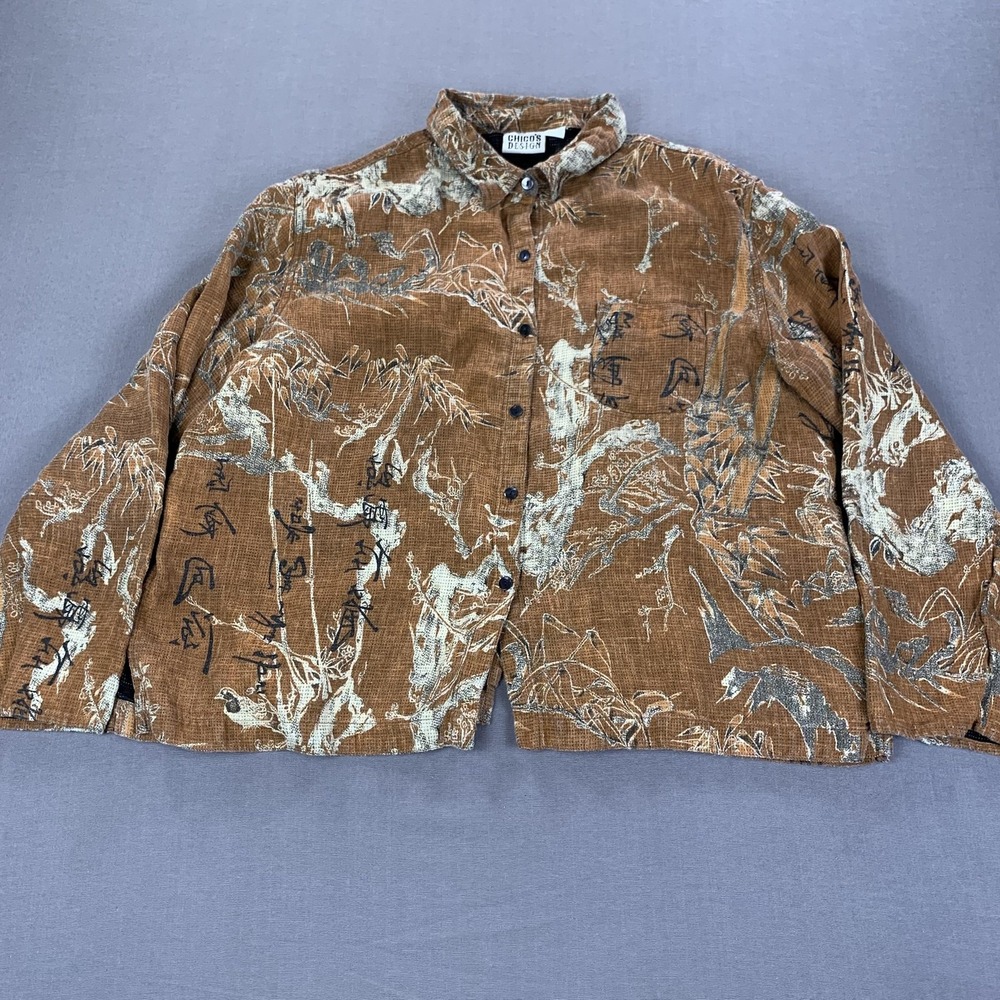 Chicos Design Shirt Womens Sz 3 / XXL Brown Linen Asian Print Button Front Top - Picture 2 of 13